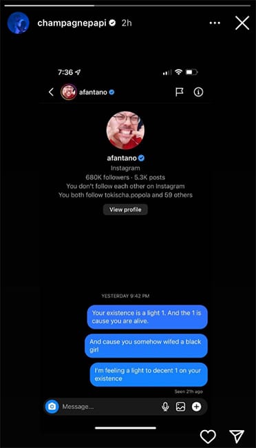 capture d'écran DM de Drake à Anthony Fantano