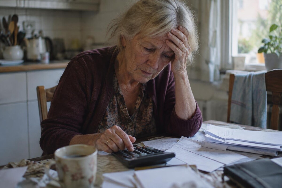 Retraitée de 70 ans calcule son budget serré devant des factures (image générée par IA)