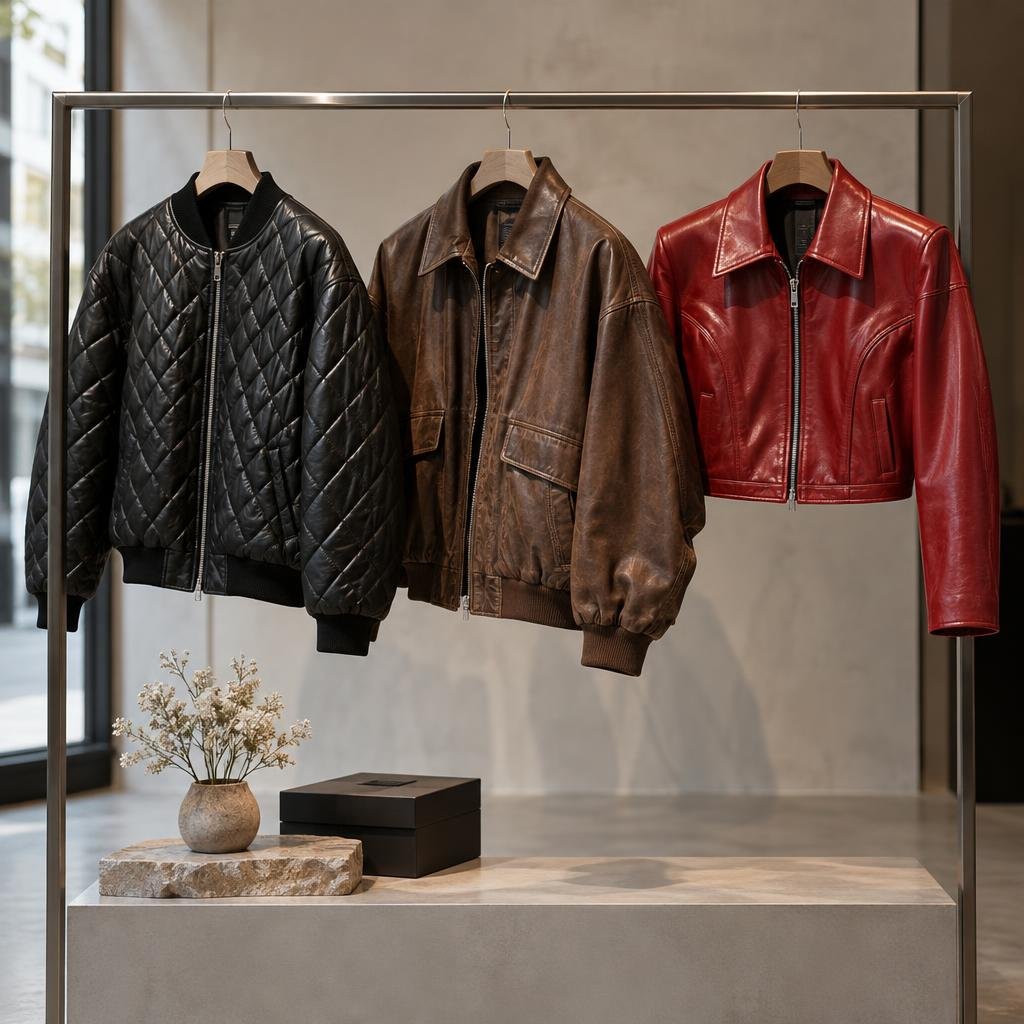 Trois blousons bomber en similicuir noir, marron et rouge à moins de 60 euros