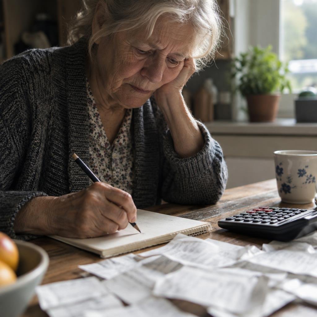 Femme âgée note ses dépenses mensuelles dans un carnet de budget (image générée par IA)