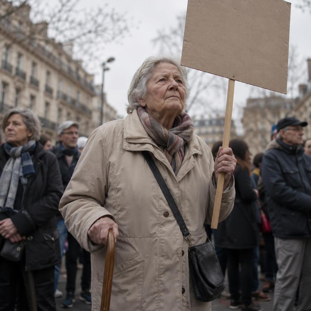 Retraitée de 70 ans avec une canne manifeste pour les retraites (image générée par IA)