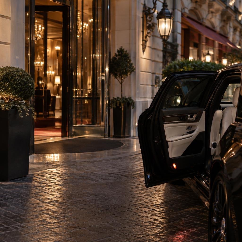 Céline Dion sortant du Royal Monceau en bomber en cuir noir