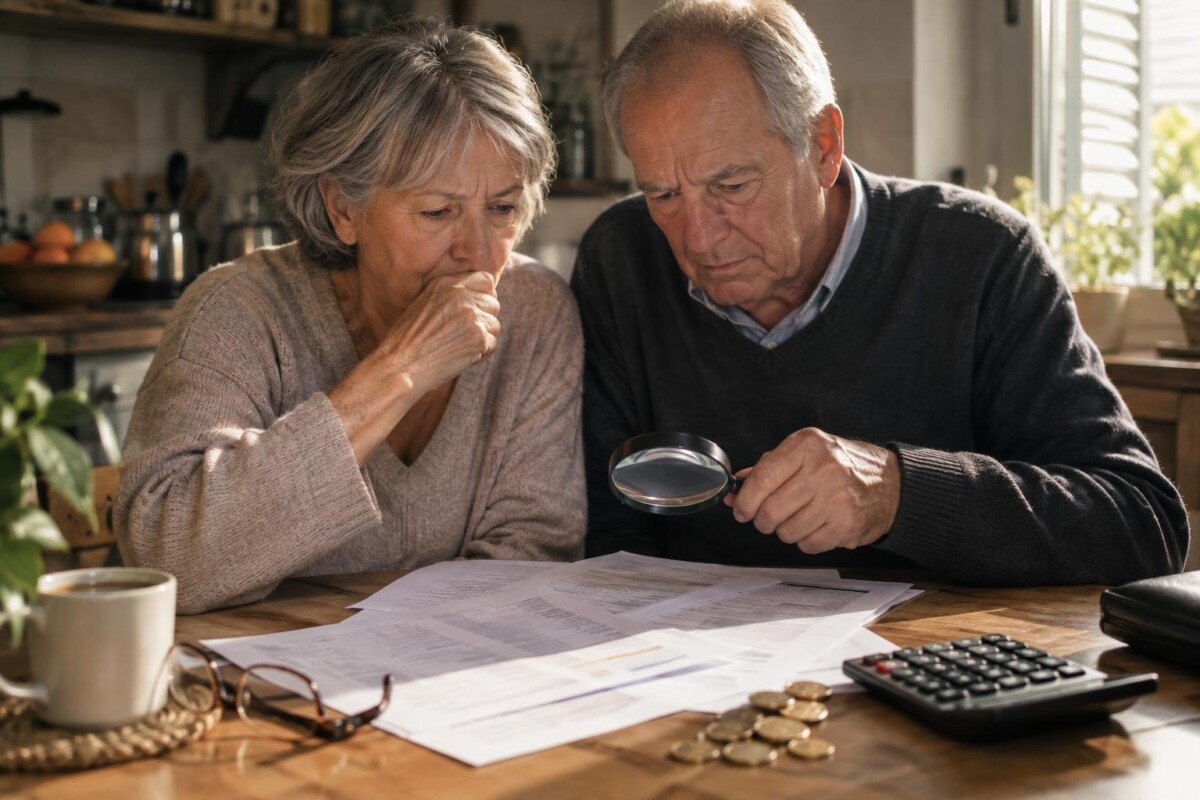 Couple de retraités examine un relevé de pension Agirc-Arrco à la table de cuisine (image générée par IA)