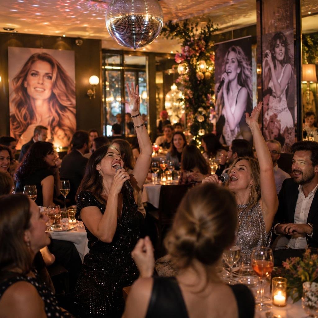 Soirée karaoké sur le thème de Céline Dion dans un restaurant parisien (image générée par IA)