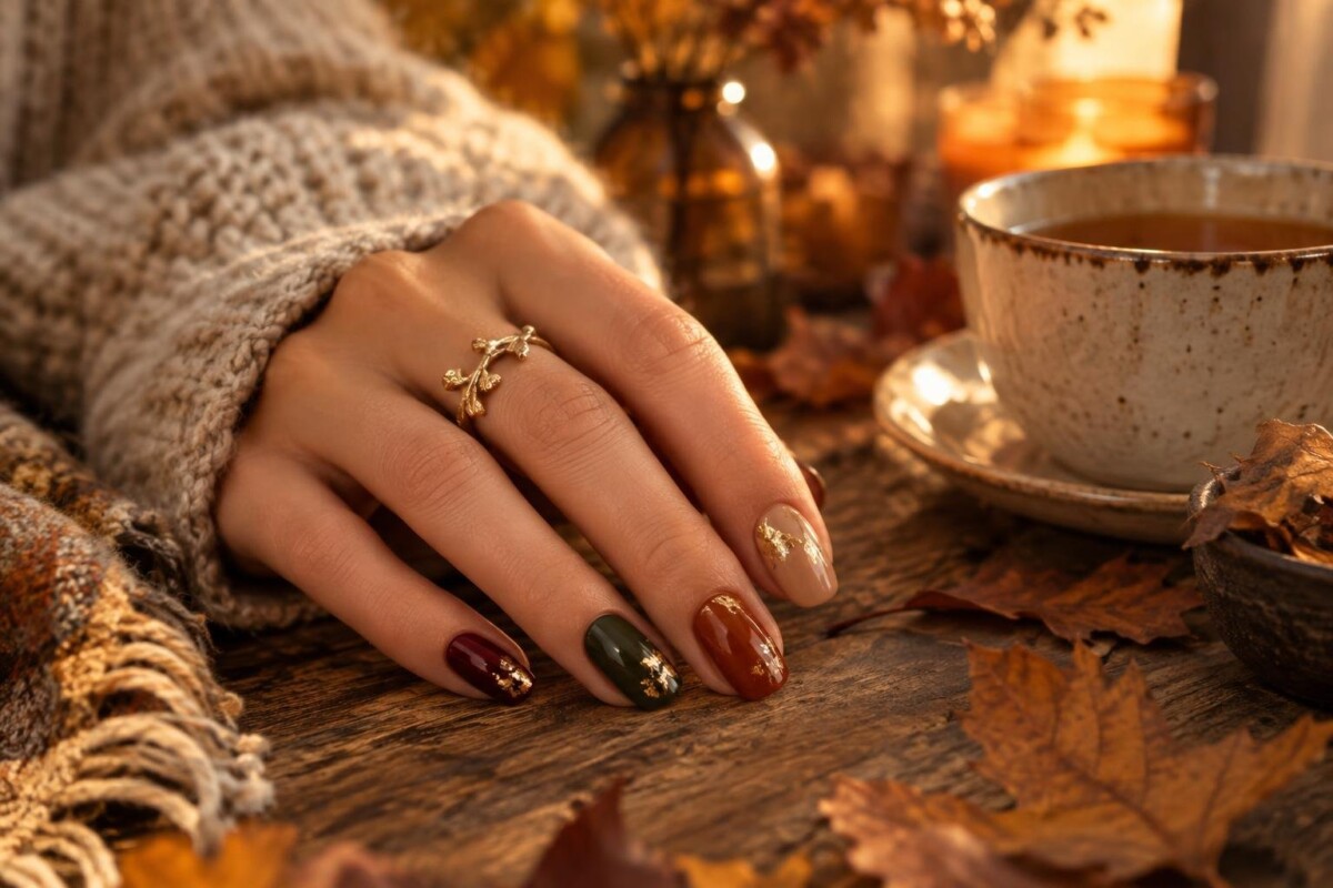 Manucure d'automne bordeaux, vert forêt, terracotta et nude doré