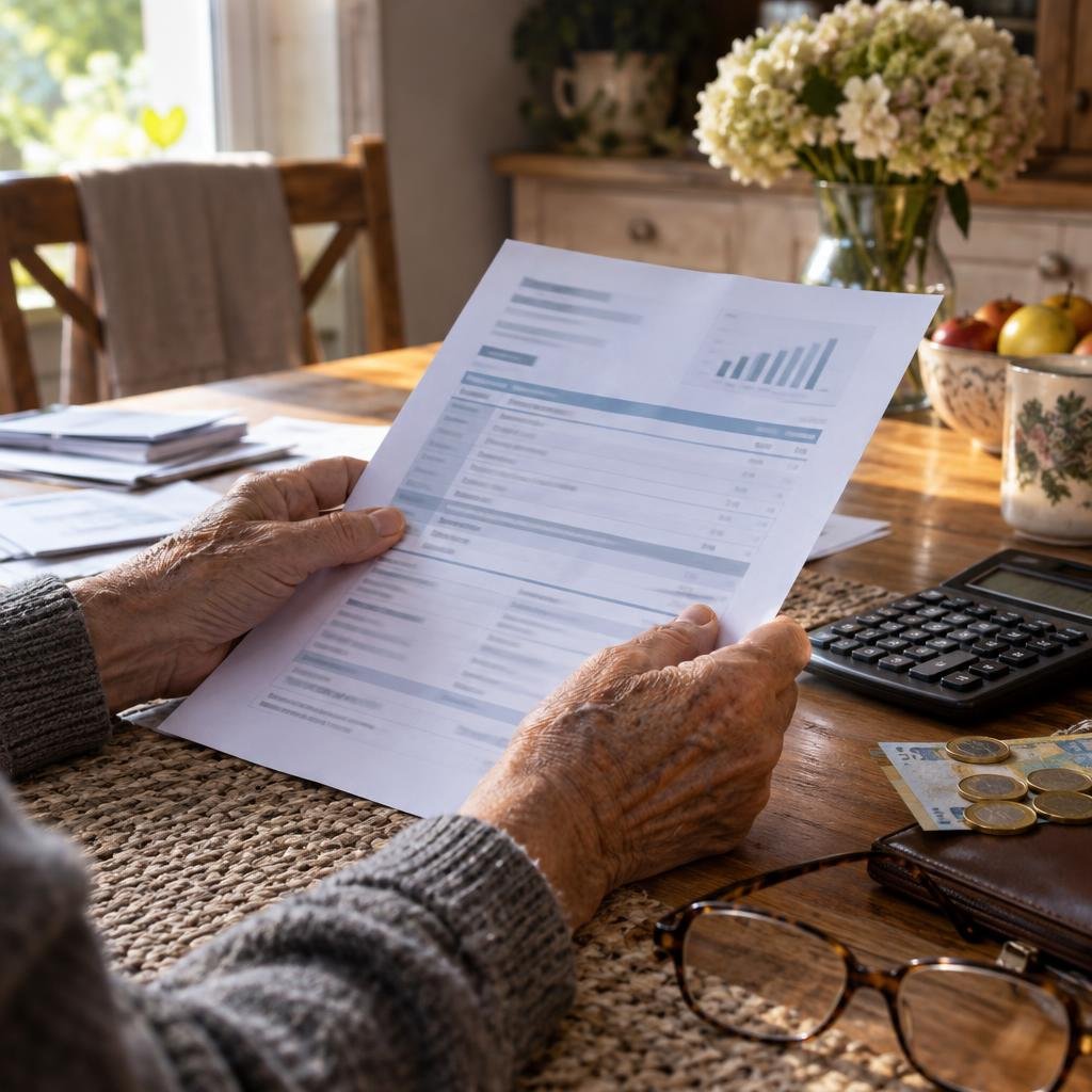 Relevé de pension Agirc-Arrco avec calculatrice et pièces en euros sur une table