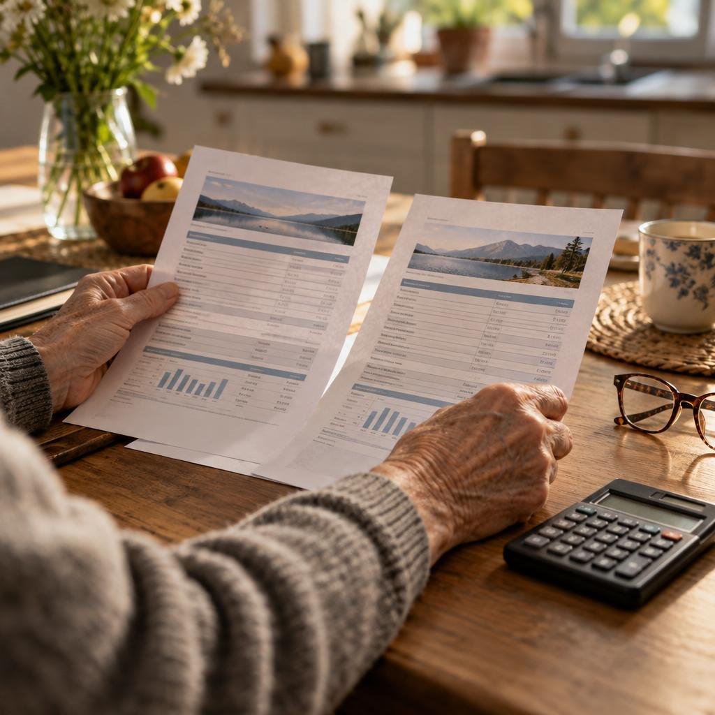 Retraité comparant ses relevés de pension complémentaire avec une calculatrice