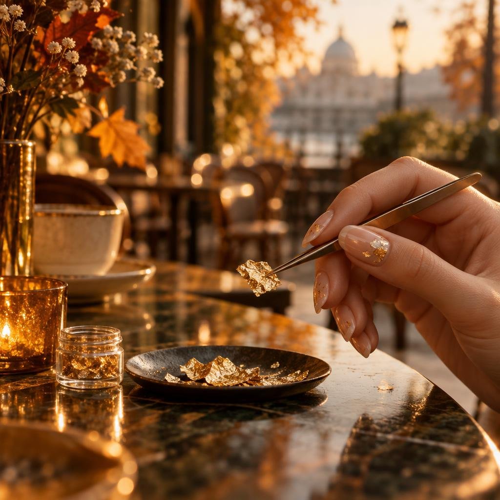 Manucure nude avec détails en feuille d'or