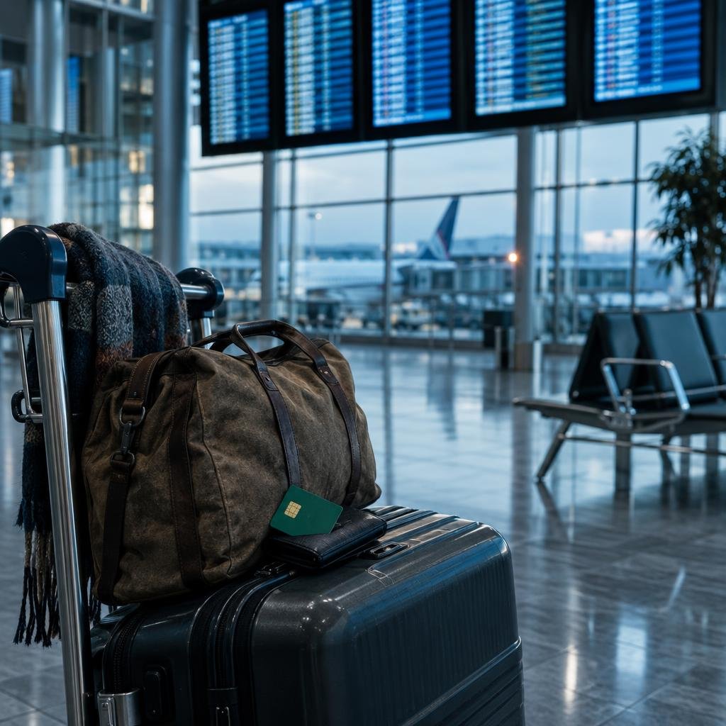 Un retraité français consulte sa carte Vitale dans un aéroport à l'étranger.