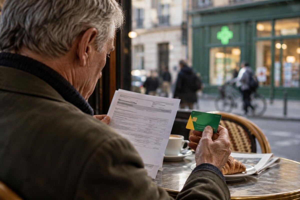Un retraité américain compare sa carte Vitale à une facture médicale américaine à Paris. (image générée par IA)