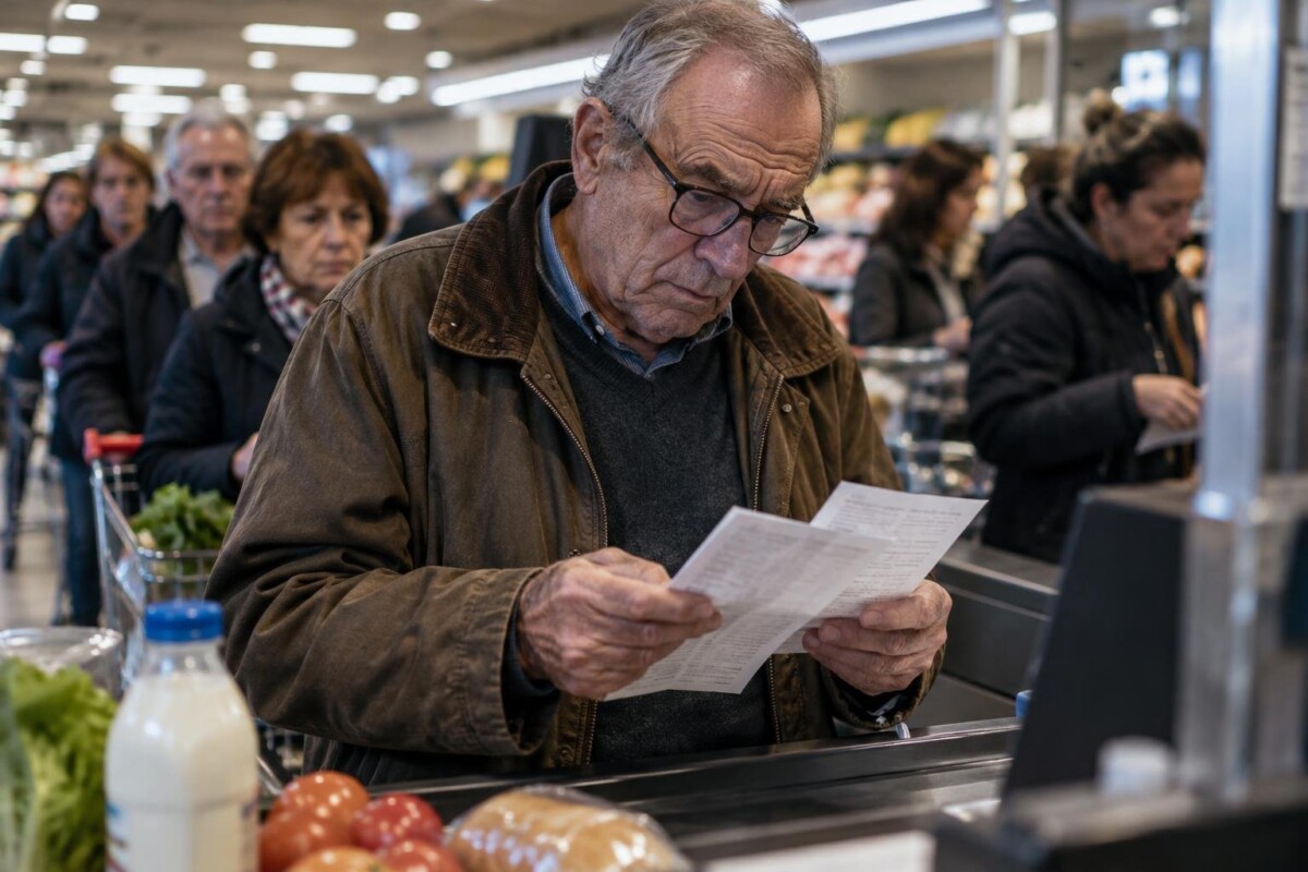 Retraitée comparant un ticket de caisse et un relevé de pension dans un supermarché (image générée par IA)