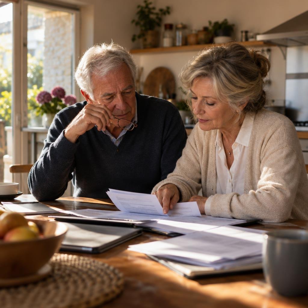 Couple de retraités vérifiant son avis d'imposition (image générée par IA)