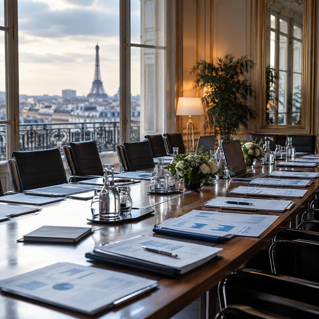 Salle de réunion avec documents sur les pensions lors des négociations Agirc-Arrco