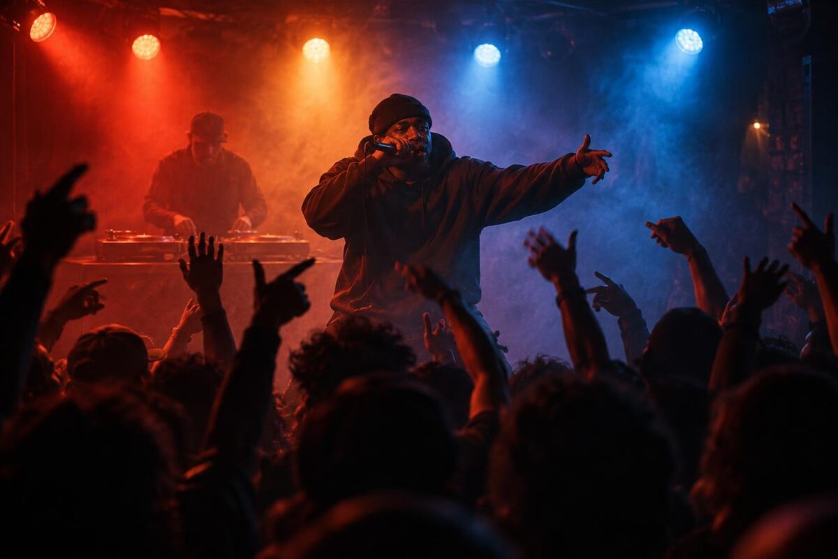 Rappeur sur scène dans une salle intimiste, éclairé de rouge et de bleu, public dense, fumée et ambiance nocturne. (image générée par IA)