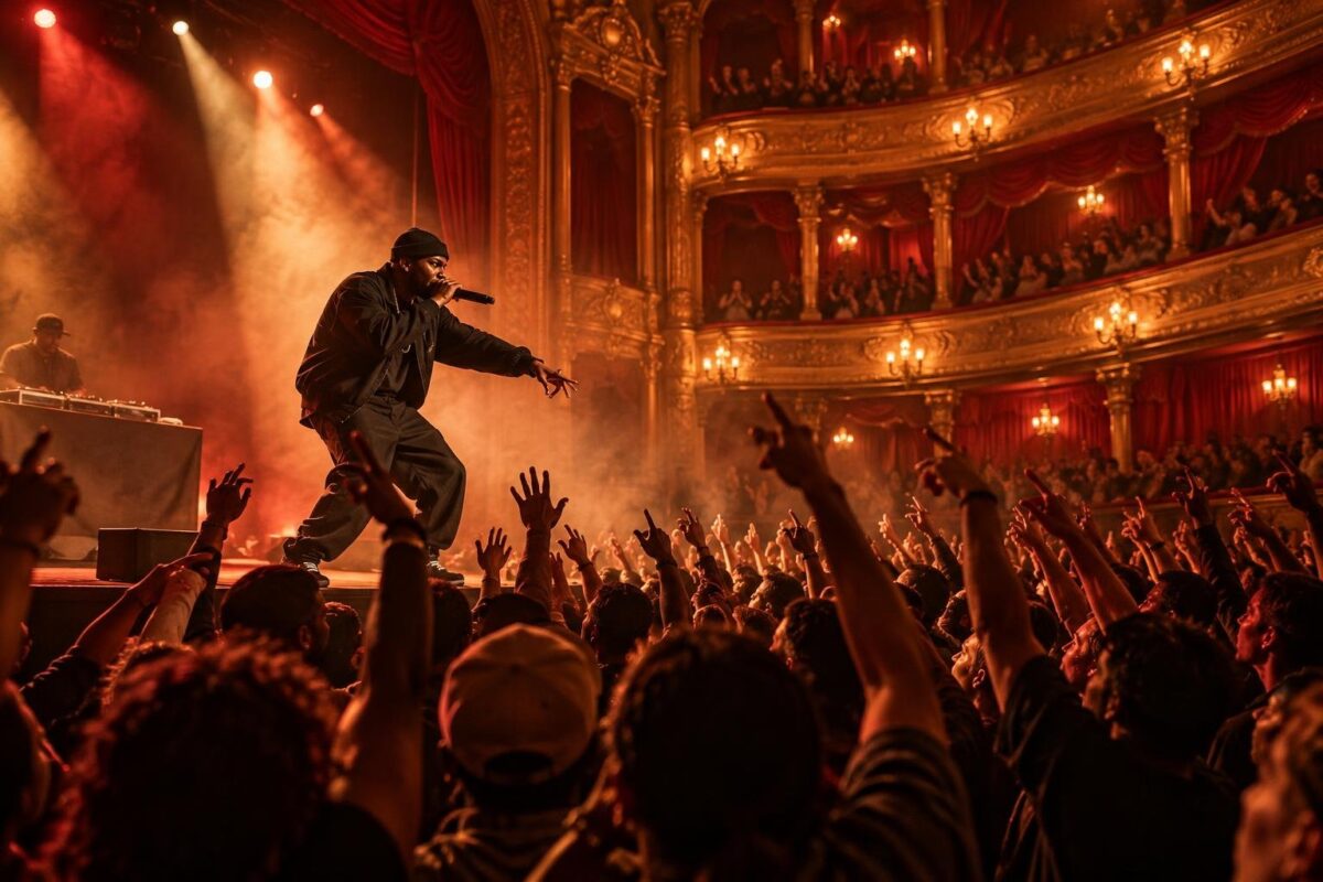 Rappeur sur scène dans une salle de concert historique, éclairé par des projecteurs rouges et dorés, devant une foule aux bras levés. (image générée par IA)