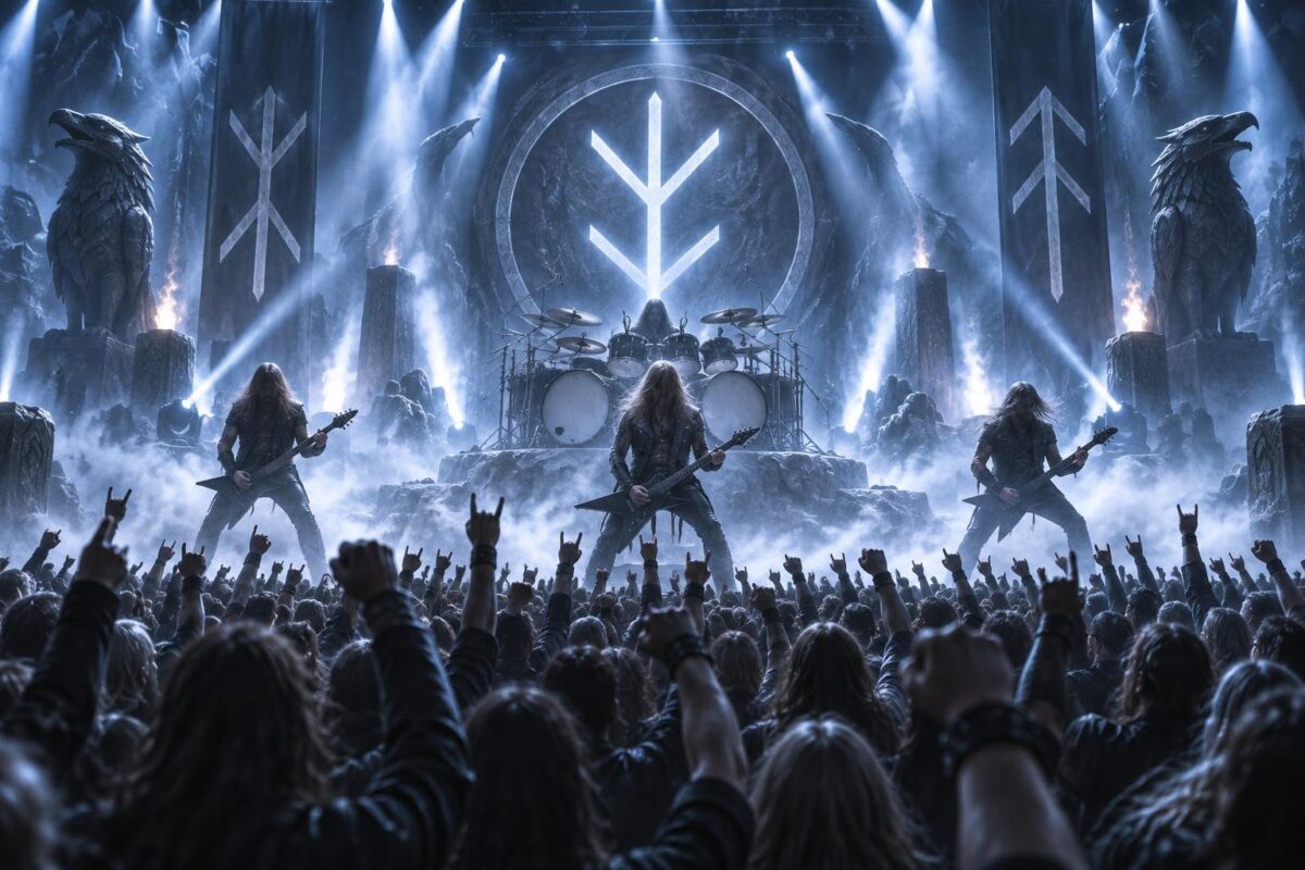 Scène de concert metal dans une salle comble, lumières bleues et brouillard, musiciens aux cheveux longs et public levant les bras. (image générée par IA)