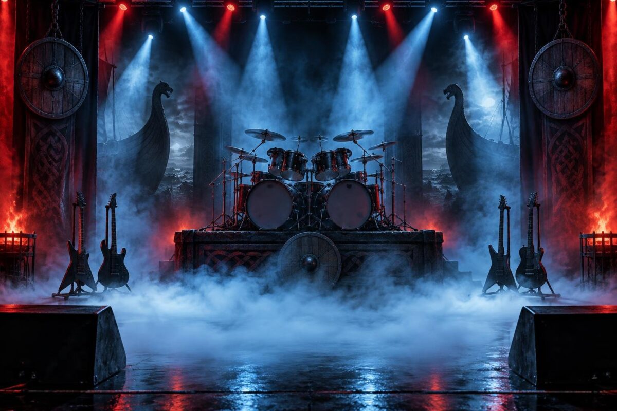 Scène vide plongée dans une lumière bleu glacier et rouge sang, brume épaisse, batterie et motifs vikings, atmosphère de concert metal nordique.