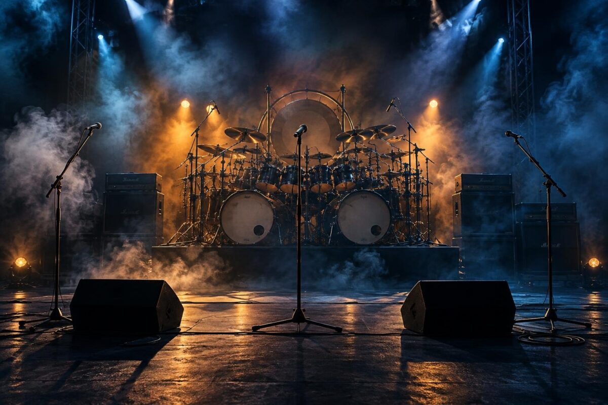 Scène de concert plongée dans une brume bleutée, éclairages ambrés, batterie et décors sculptés évoquant une atmosphère metal épique.