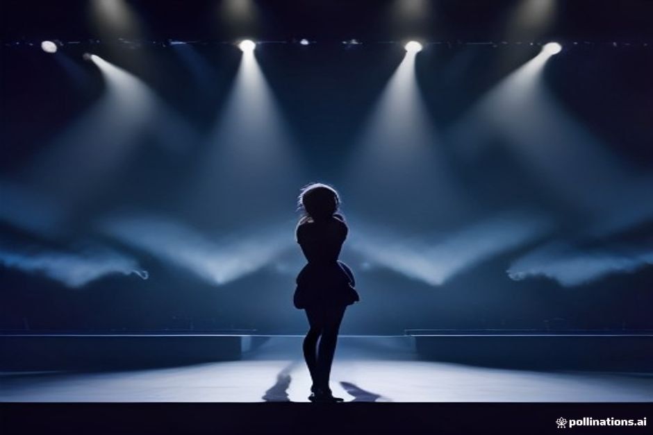 Illustration d’une scène de concert avec lumières chaudes et volutes de brume, évoquant l’énergie d’un spectacle pop.