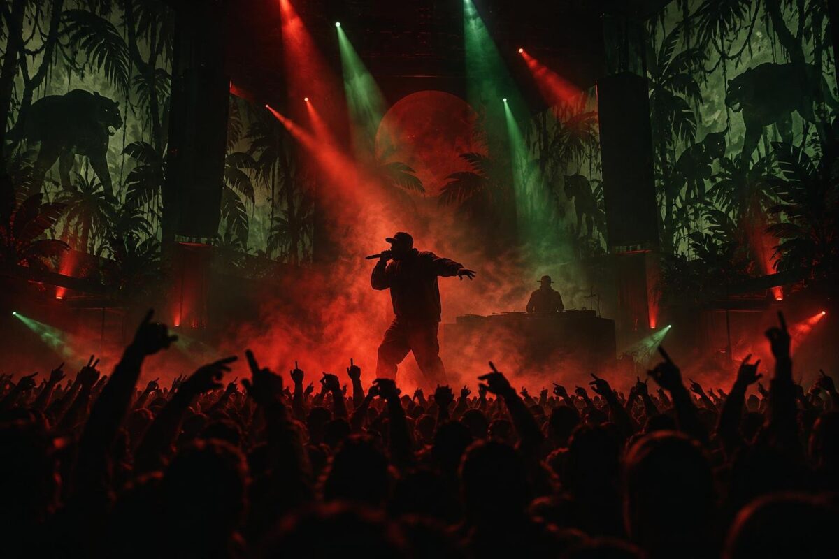 Rappeur sur scène dans une salle de concert plongée dans une lumière rouge et verte, fumée épaisse et foule en ombres chinoises. (image générée par IA)