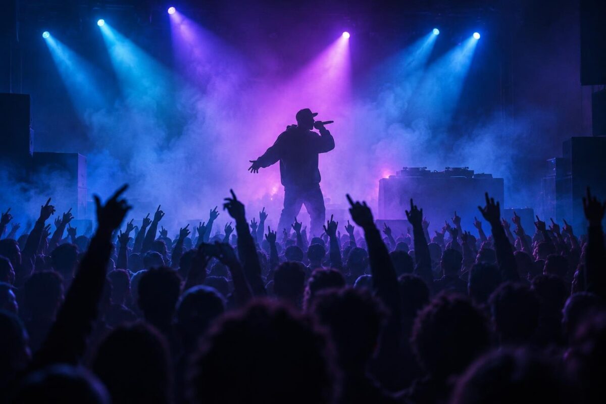 Rappeur sur scène dans une salle enflammée, lumière bleue et violette, fumée, foule bras levés lors d’un concert de rap. (image générée par IA)
