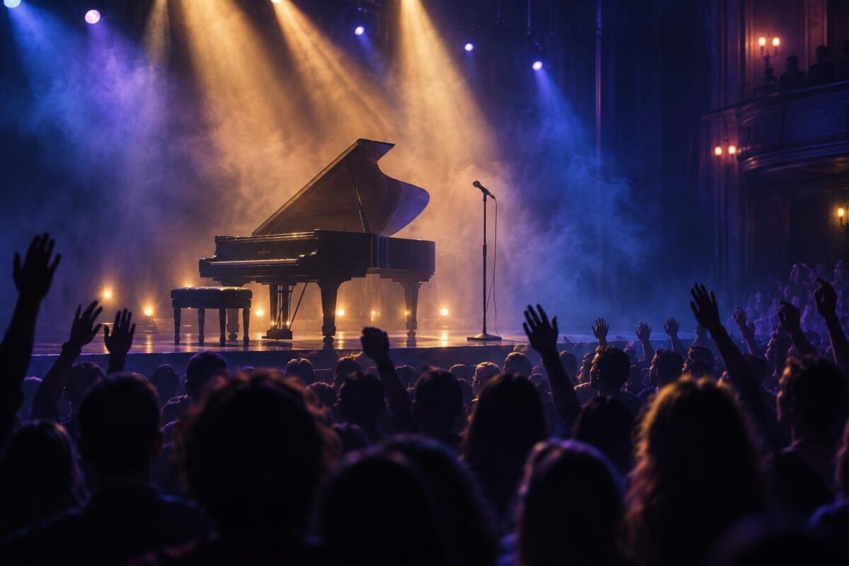 Scène de concert baignée de lumières bleues et violettes, piano à queue et foule levée dans une ambiance intimiste. (image générée par IA)