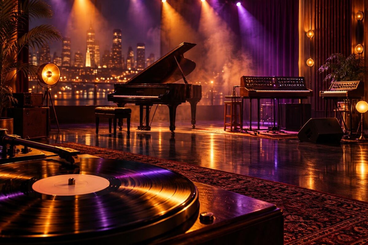 Scène vide éclairée de lumières ambre et violettes, piano à queue, synthétiseurs et disque vinyle dans une fumée légère.