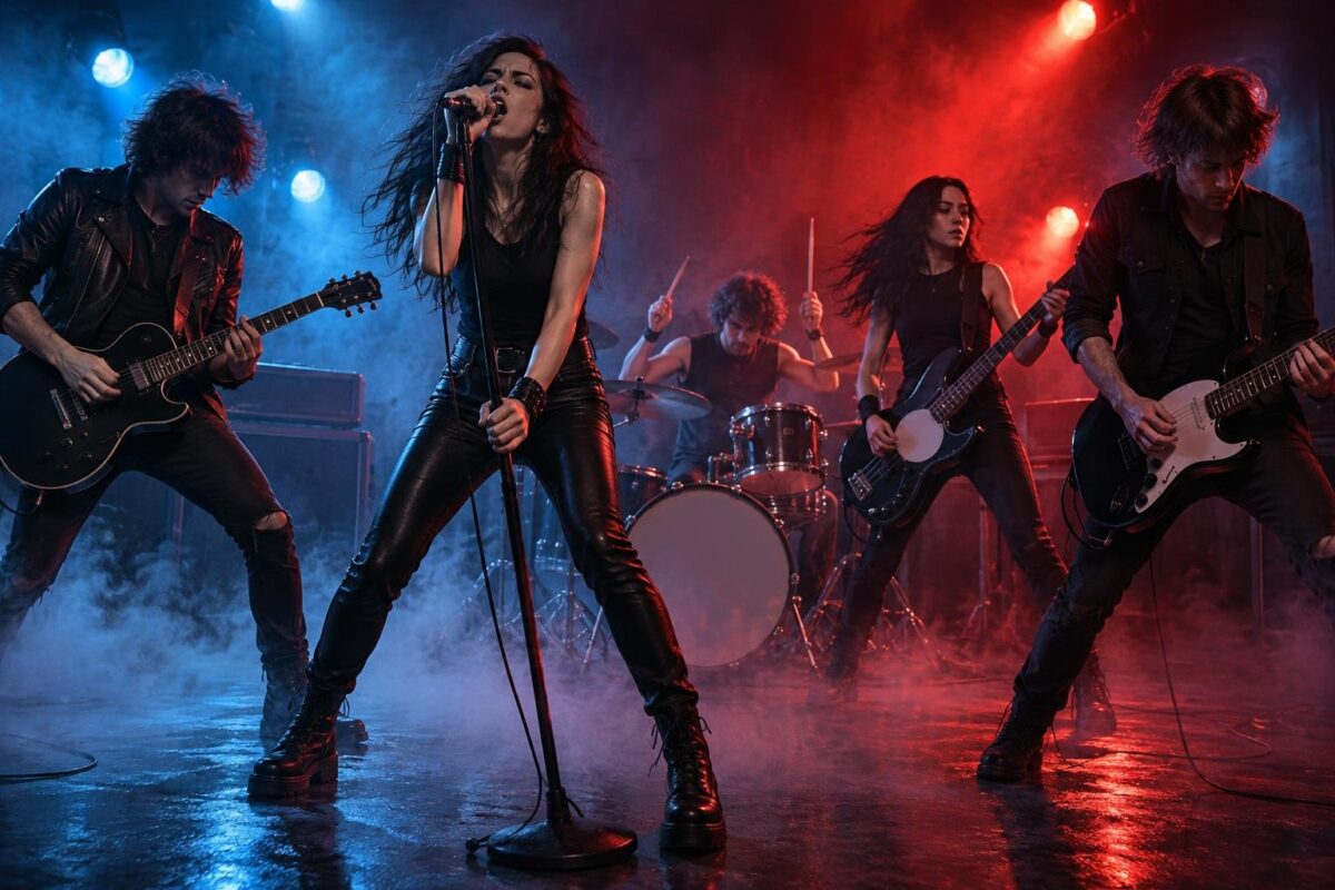 Cinq musiciens de rock sur une scène sombre, éclairages rouges et bleus, guitares électriques, fumée et ambiance énergique. (image générée par IA)